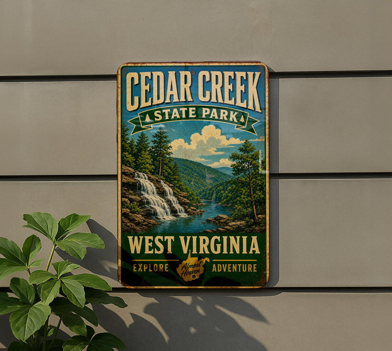A vintage-style metal sign for Cedar Creek State Park in West Virginia, featuring a scenic image of a waterfall and forest.