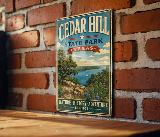 A vintage-style metal sign for Cedar Hill State Park in Texas, featuring a scenic landscape with a lake, mountains, and a sailboat.