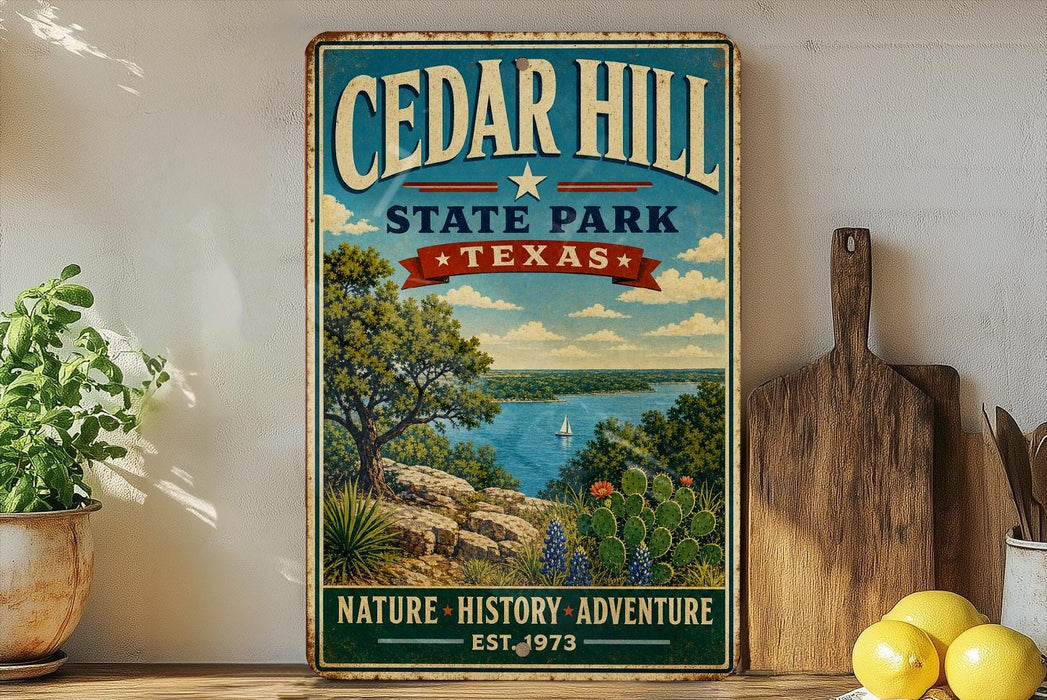 A vintage-style poster advertising Cedar Hill State Park in Texas, featuring a scenic landscape with a lake, mountains, and a sailboat.