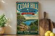 A vintage-style poster advertising Cedar Hill State Park in Texas, featuring a scenic landscape with a lake, mountains, and a sailboat.
