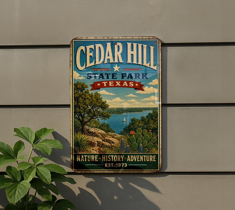 A vintage-style metal sign for Cedar Hill State Park in Texas, featuring a scenic landscape with a lake, trees, and a sailboat.
