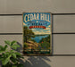 A vintage-style metal sign for Cedar Hill State Park in Texas, featuring a scenic landscape with a lake, trees, and a sailboat.