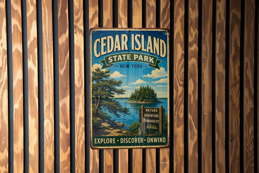 A vintage metal sign for Cedar Island State Park in New York, featuring a scenic landscape with a lake, pine trees, and a waterfall.