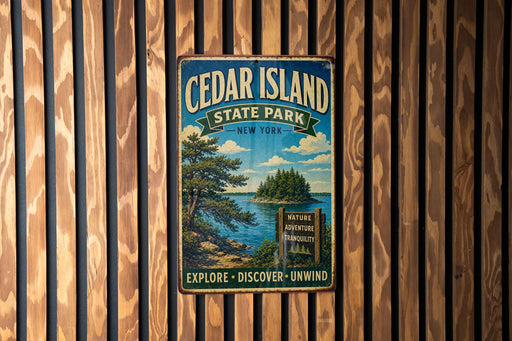 A vintage metal sign for Cedar Island State Park in New York, featuring a scenic landscape with a lake, pine trees, and a waterfall.