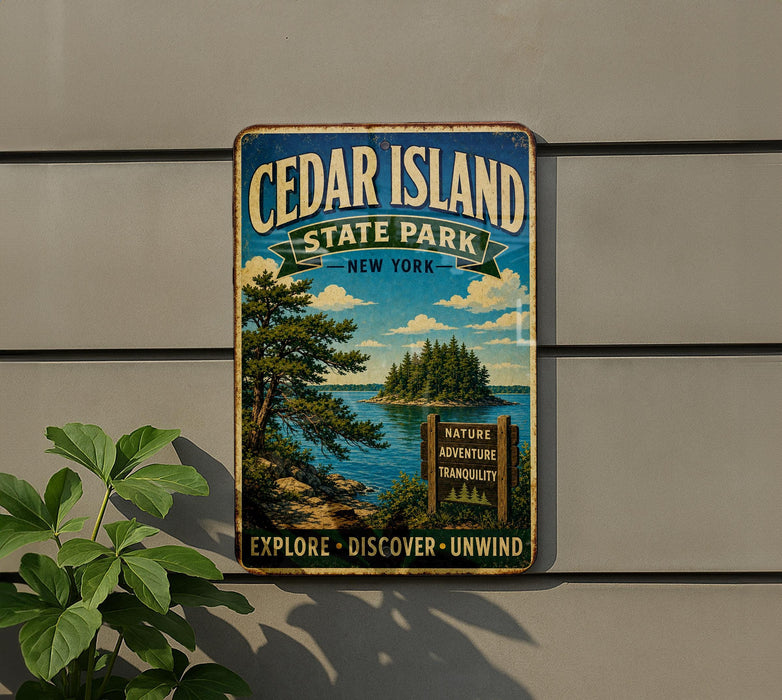 A vintage-style metal sign for Cedar Island State Park in New York, featuring a scenic landscape with pine trees, a lake, and a sign that says "NATURE ADVENTURE TANQUILITY EXPLORE DISCOVER UNWIND".