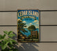 A vintage-style metal sign for Cedar Island State Park in New York, featuring a scenic landscape with pine trees, a lake, and a sign that says "NATURE ADVENTURE TANQUILITY EXPLORE DISCOVER UNWIND".