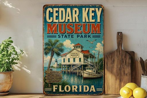 A vintage-style sign for the Cedar Key Museum in Florida, featuring a tropical beach scene with palm trees, a lighthouse, and a boat.