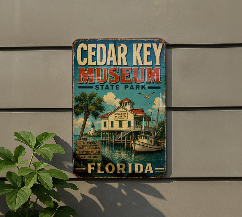 A vintage-style metal sign for the Cedar Key Museum in Florida, featuring a palm tree and a boat on a body of water.