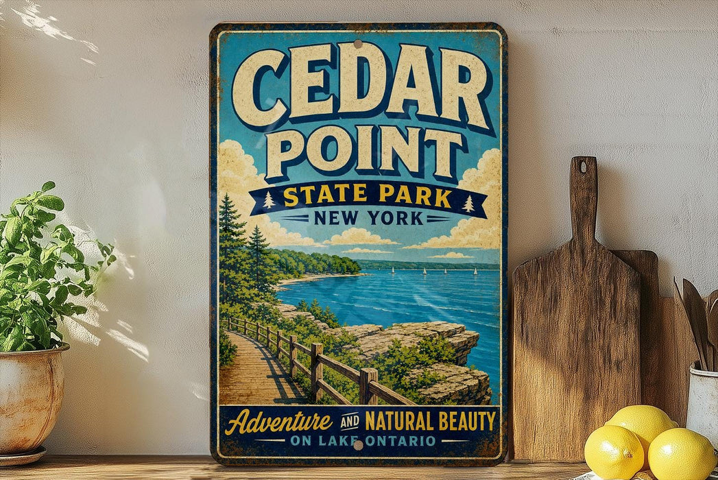 A vintage-style metal sign for Cedar Point State Park in New York, featuring a scenic illustration of the park's landscape with a wooden walkway leading to a lake.
