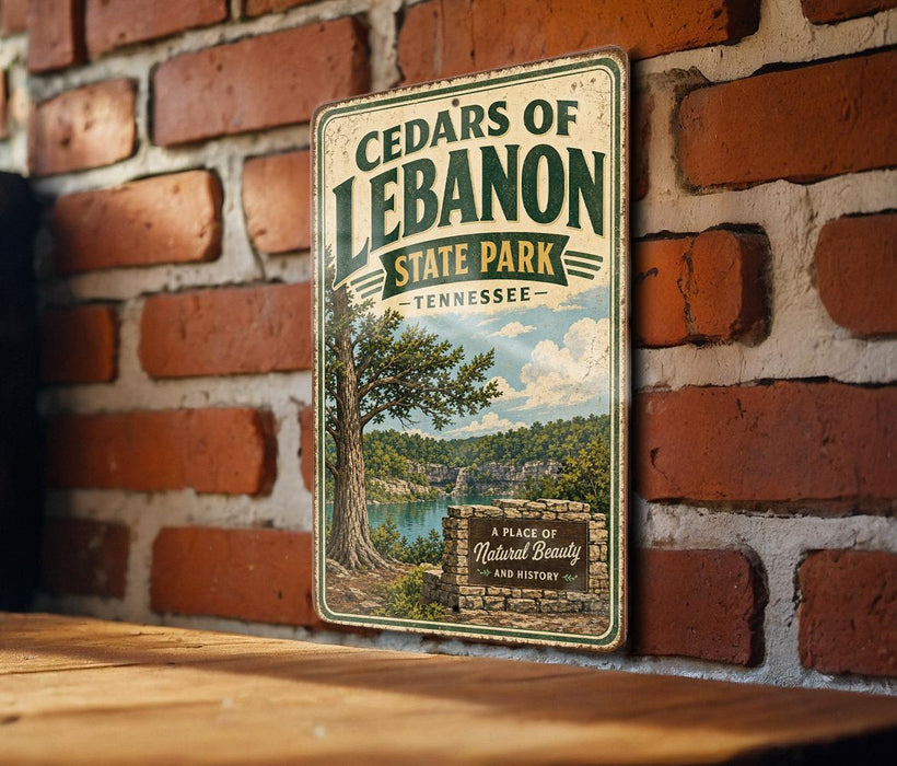A vintage-style metal sign for Cedar's of Lebanon State Park in Tennessee, featuring a scenic landscape with a tree and a lake.