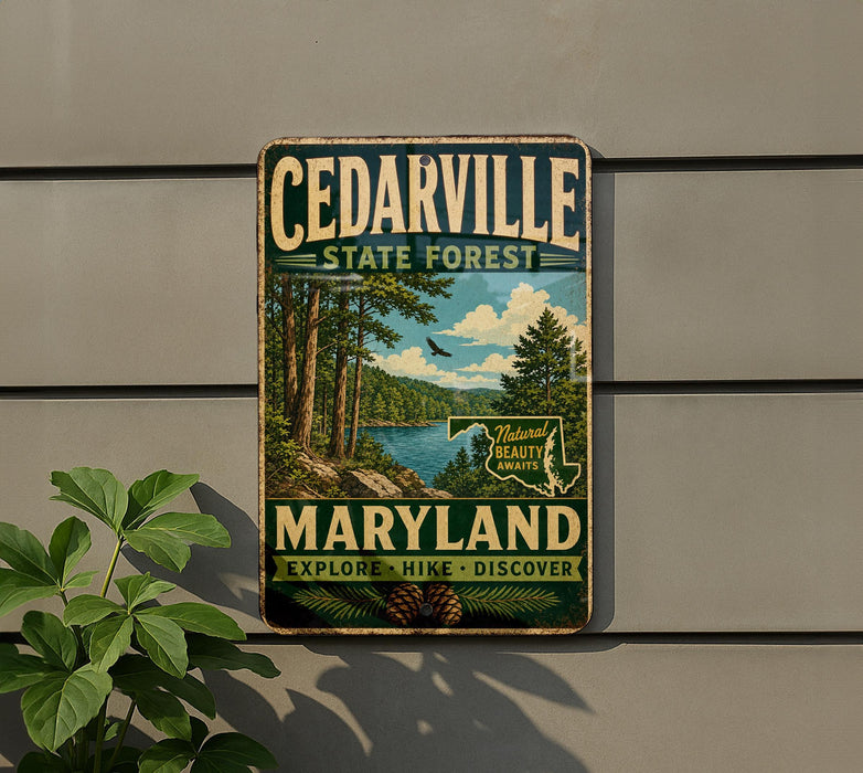 A vintage metal sign for Cedarville State Forest in Maryland, featuring a scenic image of a forest and a lake.
