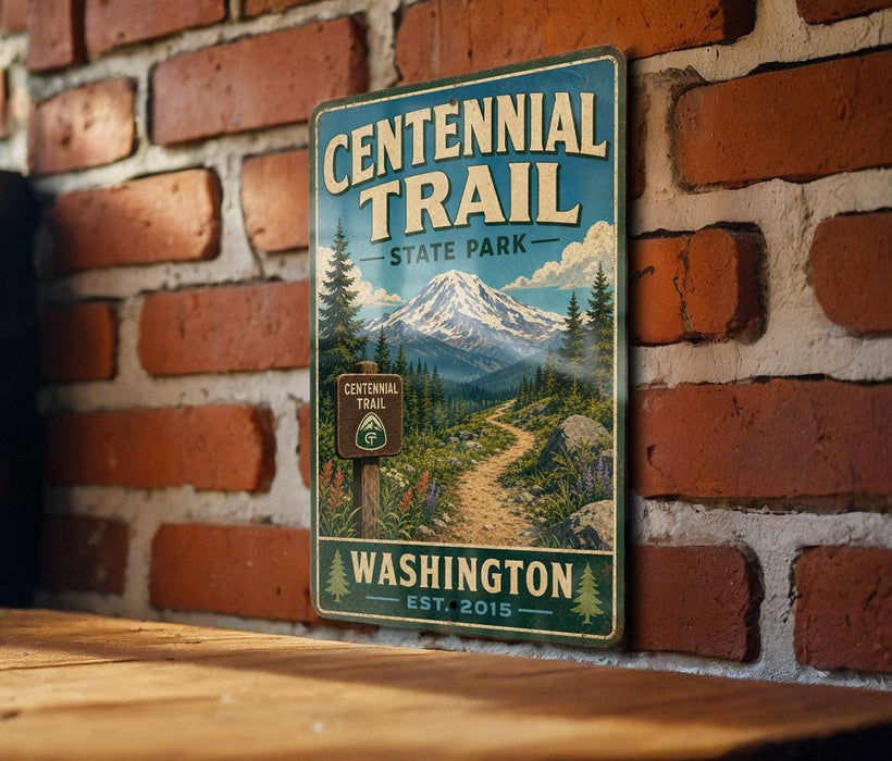 A vintage-style metal sign for Centennial Trail, located in Washington State Park, with a mountain landscape and trail sign.
