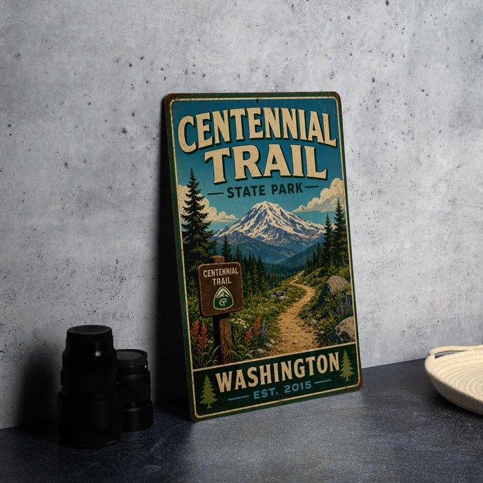 A vintage-style metal sign for the Centennial Trail in Washington State Park, featuring a mountain landscape and trail marker.