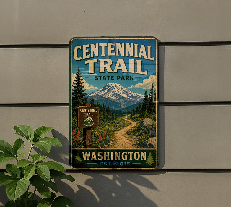 A vintage-style metal sign for Centennial Trail, located in Washington State Park, with a mountain landscape and trail sign.