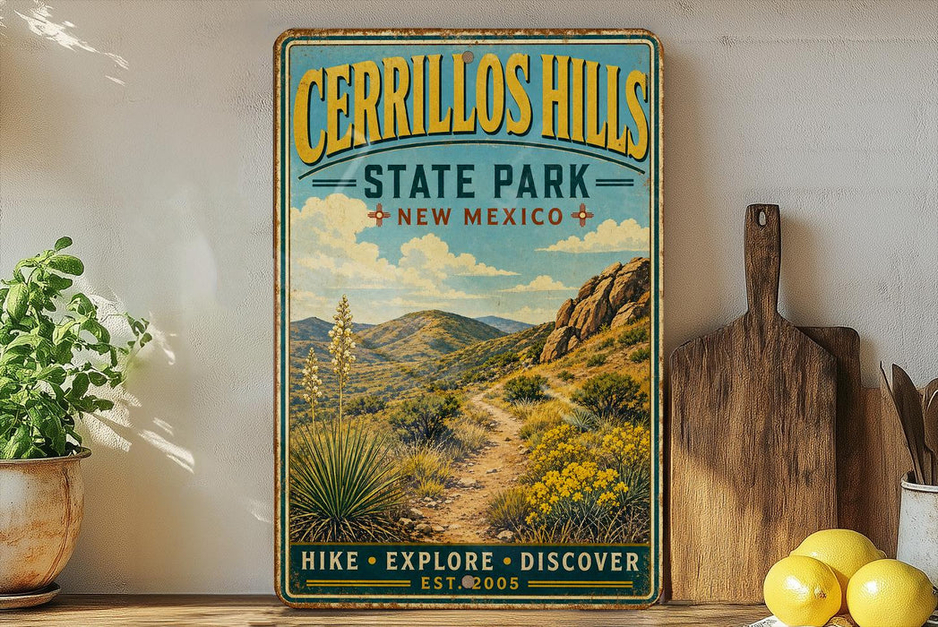 A vintage-style sign for Cerrillos Hills State Park in New Mexico, featuring a scenic mountain landscape with a trail leading through the desert.