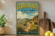 A vintage-style sign for Cerrillos Hills State Park in New Mexico, featuring a scenic mountain landscape with a trail leading through the desert.