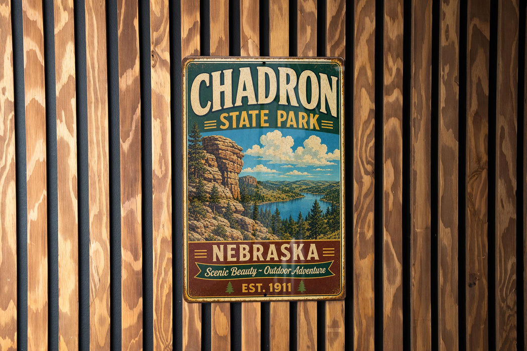 A vintage metal sign for Chadron State Park in Nebraska, featuring a scenic landscape with mountains, a lake, and pine trees.