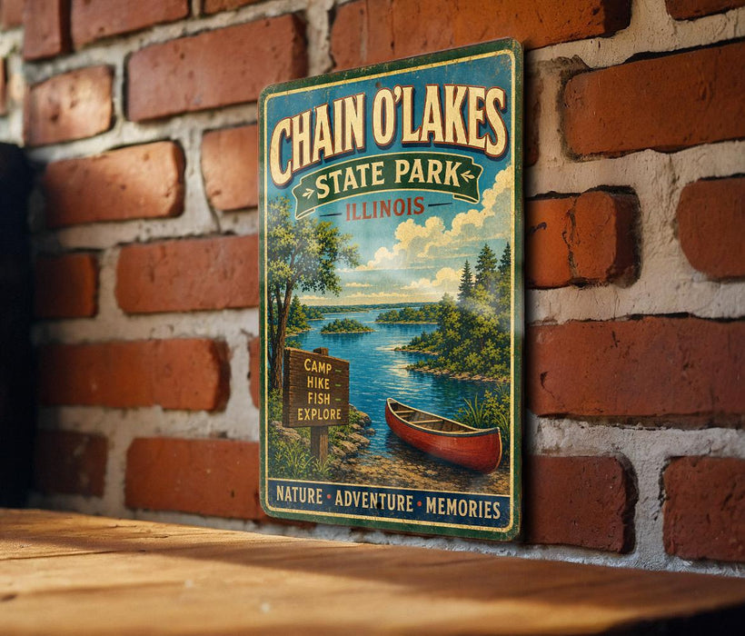 A vintage-style metal sign for Chain O'Lakes State Park in Illinois, featuring a scenic illustration of a lake, canoe, and forest.