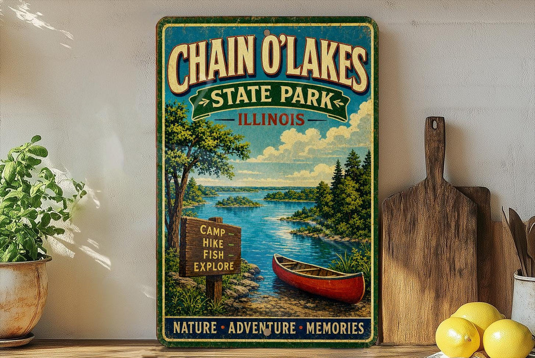 A vintage-style metal sign for Chain O'Lakes State Park in Illinois, featuring a scenic image of a lake, canoe, and forest.