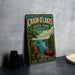 A vintage metal sign for Chain O'Lakes State Park in Illinois, featuring a scenic illustration of a lake, canoe, and forest.