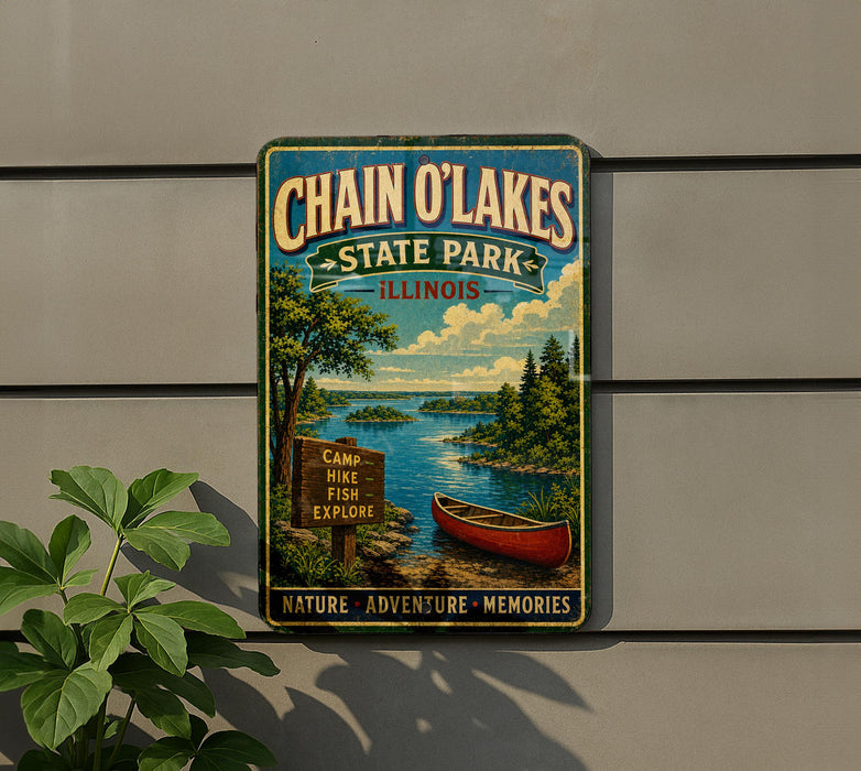 A vintage-style metal sign for Chain O'Lakes State Park in Illinois, featuring a scenic image of a lake, canoe, and forest.