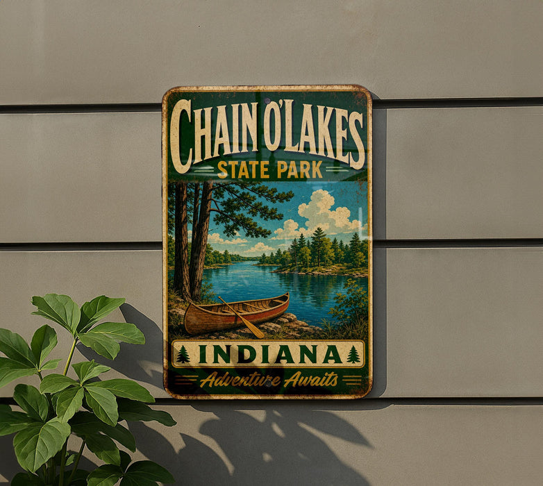 A vintage-style metal sign for Chain of Lakes State Park in Indiana, featuring a canoe on a lake and a scenic landscape.