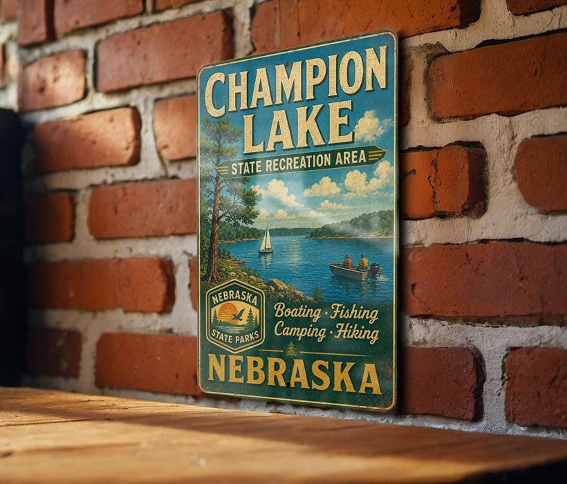 A vintage-style metal sign for Champion Lake, the state recreation area in Nebraska, featuring a scenic image of a lake with boats and people enjoying the outdoors.
