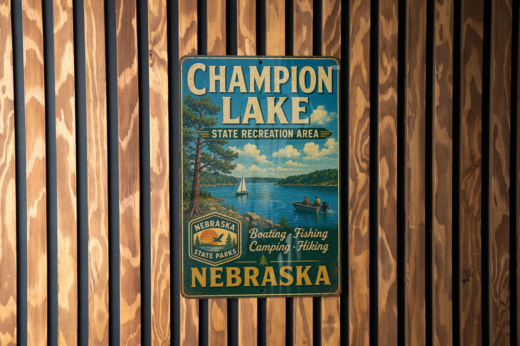 A vintage metal sign for Champion Lake, a state recreation area, is displayed on a wooden wall.