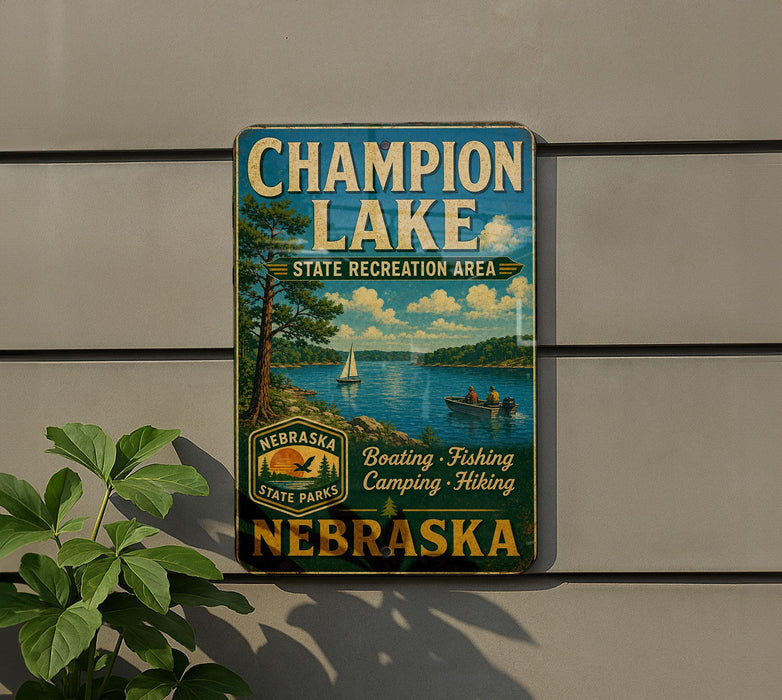 A vintage-style sign for Champion Lake, a state recreation area in Nebraska, featuring a scenic image of a lake with boats and a forest.