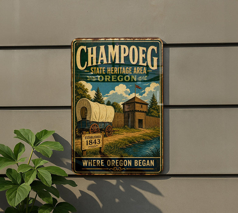 A vintage metal sign for Champoeg State Heritage Area in Oregon, featuring a wagon and a wooden building in a scenic landscape.