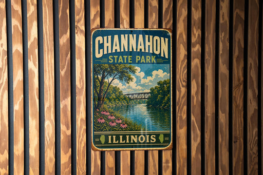 A vintage metal sign for Channahon State Park in Illinois, featuring a scenic landscape with a river, bridge, and trees.