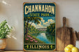 A vintage-style metal sign for Channahon State Park in Illinois, featuring a scenic illustration of a river, bridge, and surrounding landscape.