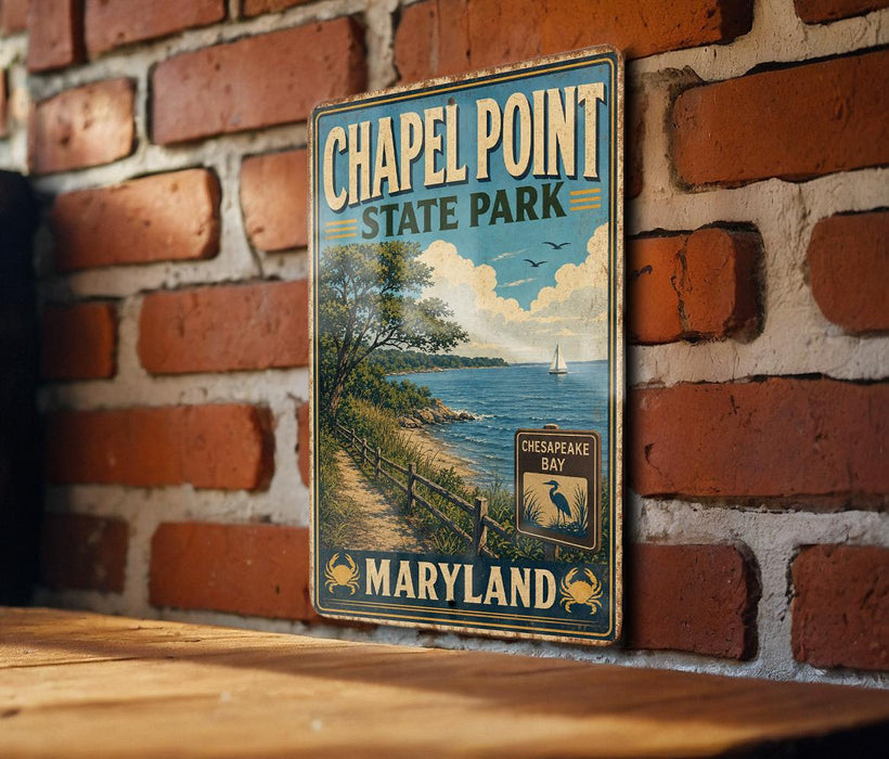 A vintage metal sign for Chapel Point State Park in Maryland, featuring a scenic image of the park and the Chesapeake Bay.