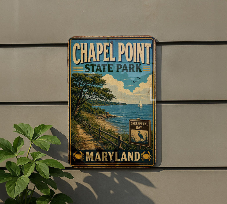 A vintage metal sign for Chapel Point State Park in Maryland, featuring a scenic image of a coastal landscape with a beach, trees, and a sailboat.