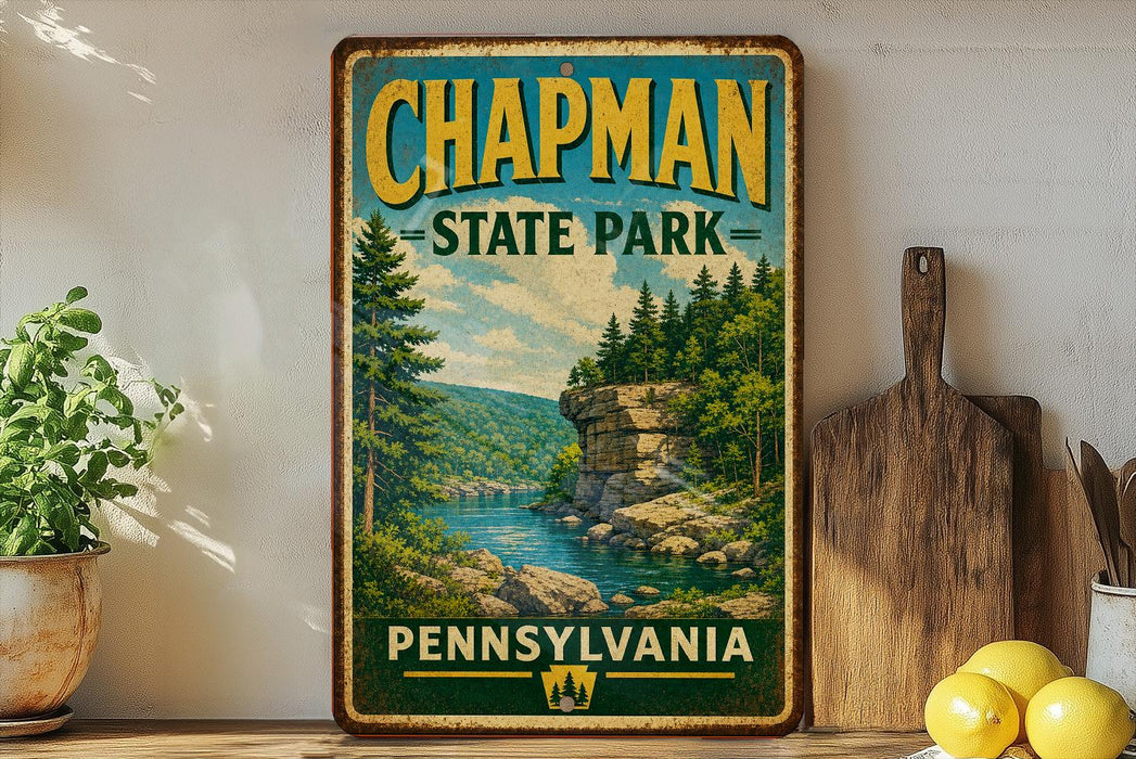 A vintage-style metal sign for Chapman State Park in Pennsylvania, featuring a scenic landscape with a river and forest.