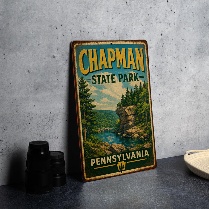 A vintage metal sign for Chapman State Park in Pennsylvania, featuring a scenic landscape with a river and forest.