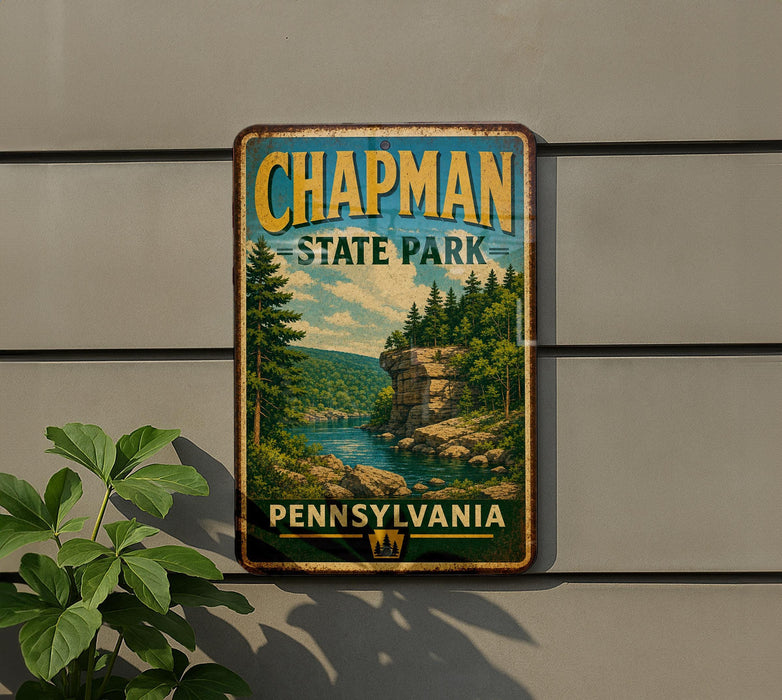 A vintage-style metal sign for Chapman State Park in Pennsylvania, featuring a scenic landscape with a river and forest.
