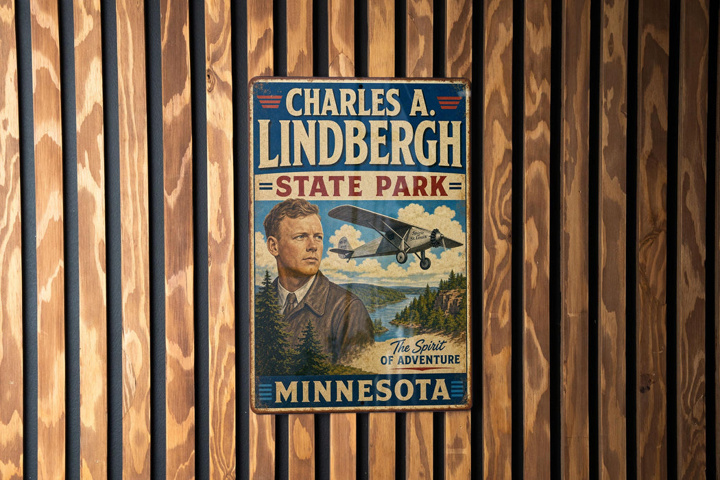 A vintage metal sign featuring a portrait of Charles A. Lindbergh, the famous aviator, and the text "State Park" and "The Spirit of Adventure Minnesota".