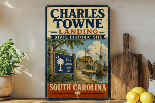 A vintage-style sign for Charles Towne Landing, a historic site in South Carolina, featuring a wooden sign with a palm tree and a ship, along with a wooden paddle and a potted plant.