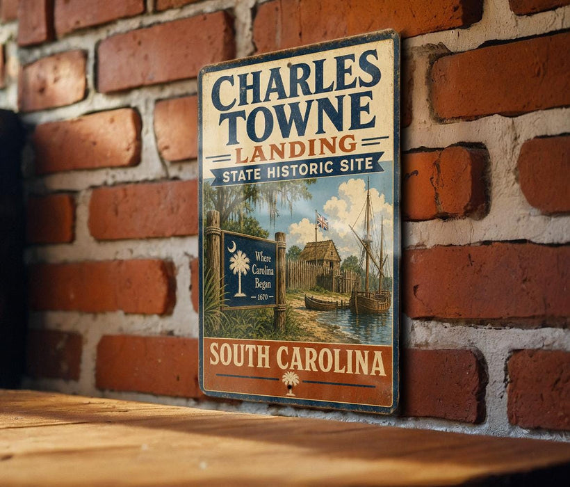 A vintage-style sign for Charles Town Landing, a historic site in South Carolina, mounted on a brick wall.