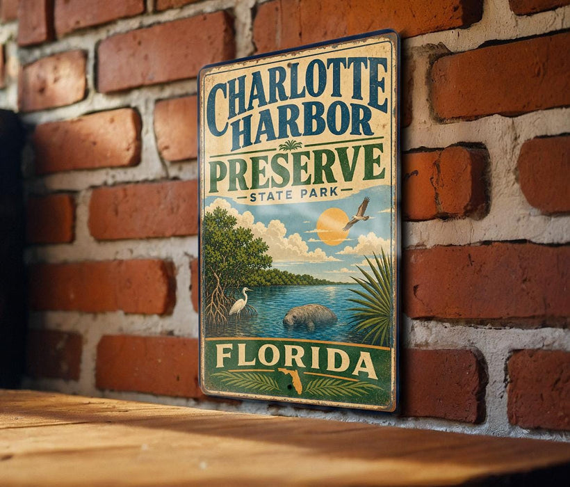 A vintage-style metal sign for Charlotte Harbor Preserve, Florida, featuring a scenic illustration of the park's natural surroundings.