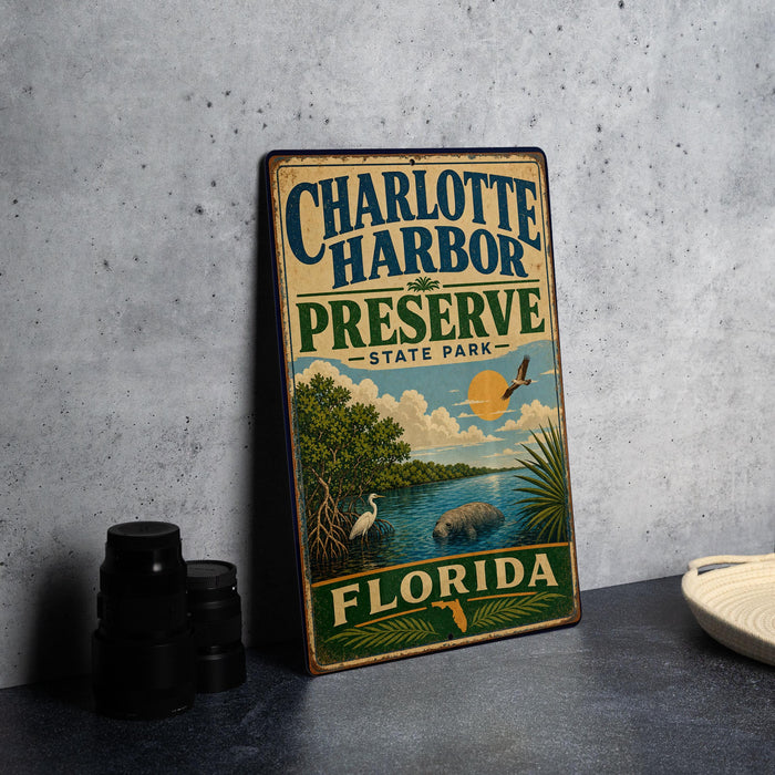 A vintage-style metal sign for Charlotte Harbor Preserve, Florida, featuring a scenic illustration of the preserve and its surrounding natural beauty.