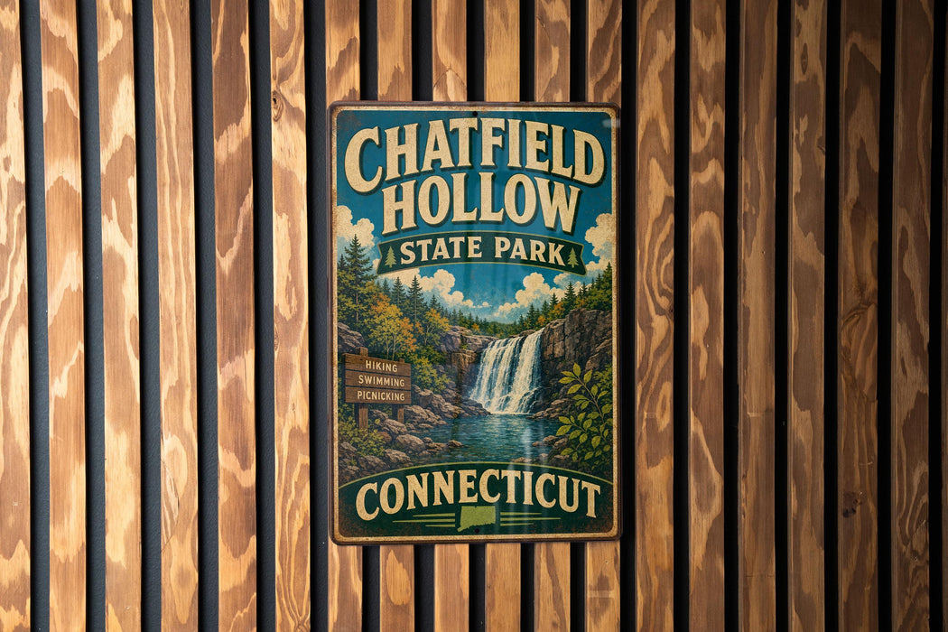 A vintage metal sign for Chatfield Hollow State Park in Connecticut, featuring a waterfall and lush greenery.
