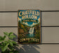 A vintage-style metal sign for Chatfield Hollow State Park in Connecticut, featuring a waterfall and lush greenery.