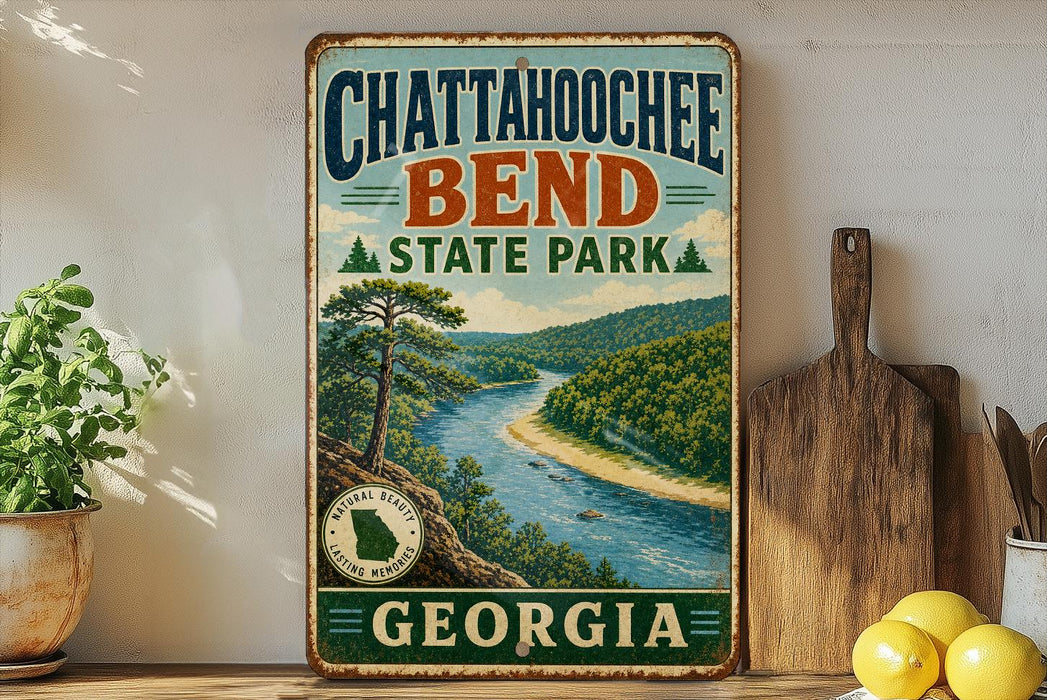 A vintage-style metal sign for Chattanooga Bend State Park in Georgia, featuring a scenic landscape with a river and pine trees.
