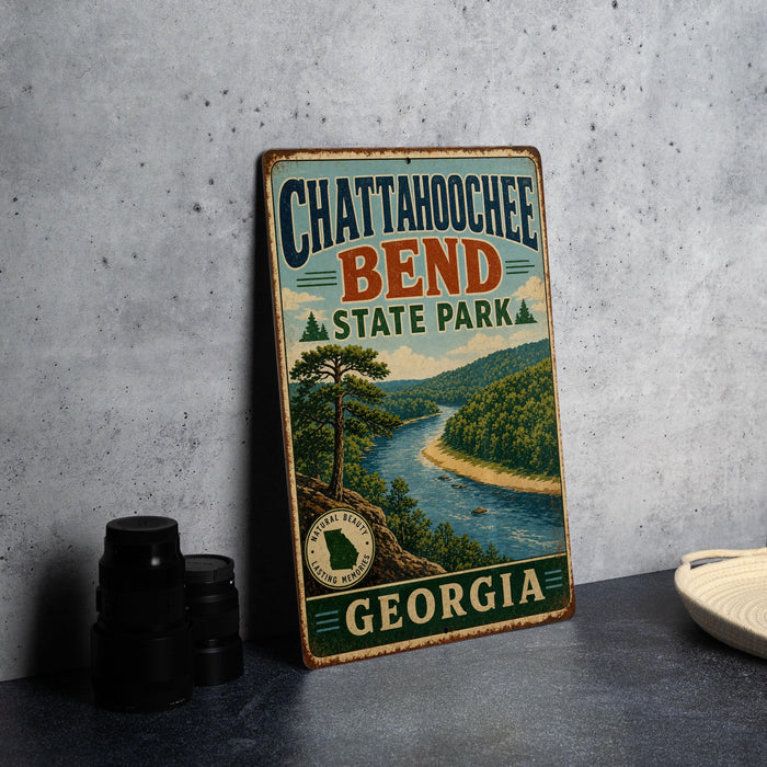 A vintage metal sign for Chattanooga Bend State Park in Georgia, featuring a scenic landscape with a river and trees.