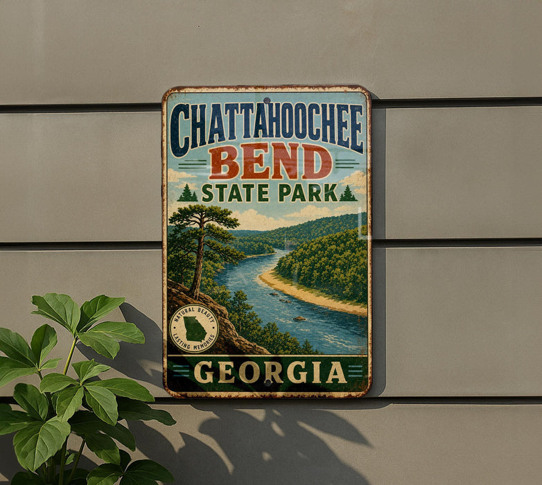 A vintage metal sign for Chattanooga Bend State Park in Georgia, featuring a scenic landscape with a river and trees.