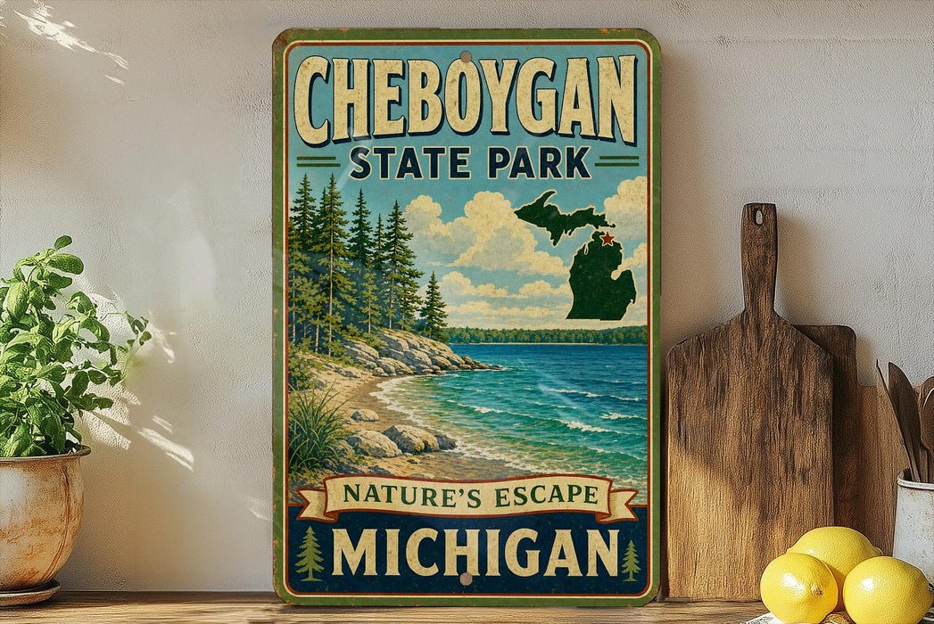A vintage-style sign for Cheboygan State Park, featuring a scenic illustration of a lake, mountains, and pine trees.