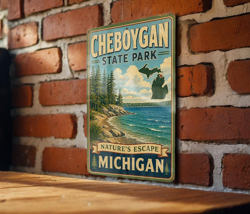 A vintage-style metal sign for Cheboygan State Park, featuring a scenic image of the park's natural landscape.
