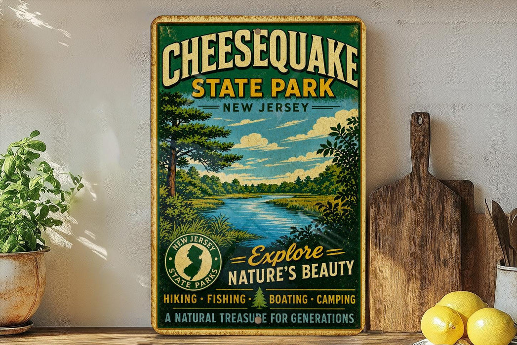 A vintage-style metal sign for Cheesecake State Park in New Jersey, featuring a scenic landscape with a river, trees, and mountains.